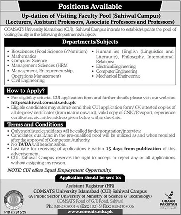 Jobs in COMSATS University Islamabad